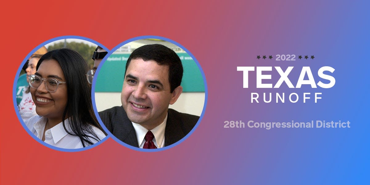Photos of Jessica Cisneros and Henry Cueller next to text that says 2022 Texas Runoff 28th Congressional District