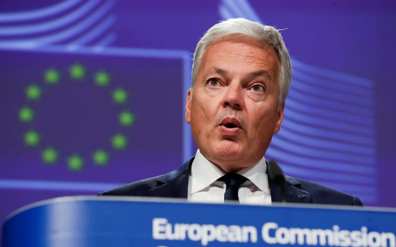 EU Commissioners Reynders and Johansson hold a news conference in Brussels