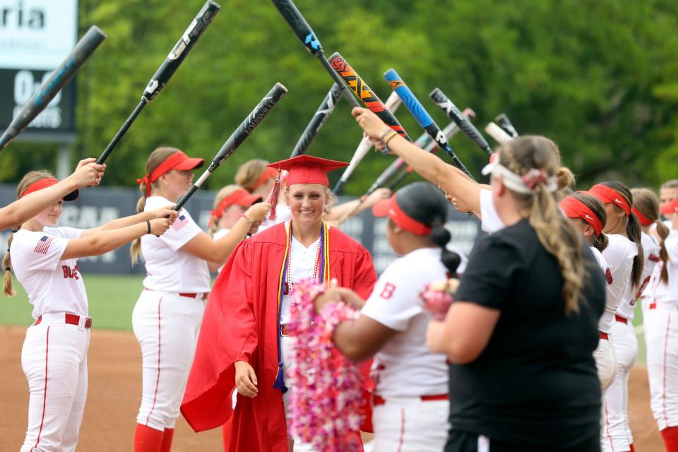 Bountiful senior Eva Stoddard, pitcher, is honored before playing in the 5A softball championship game against Spanish Fork as she misses her graduation ceremony for the game at the Miller Park Complex in Provo on Friday, May 26, 2023. Spanish Fork won 8-4. | Kristin Murphy, Deseret News