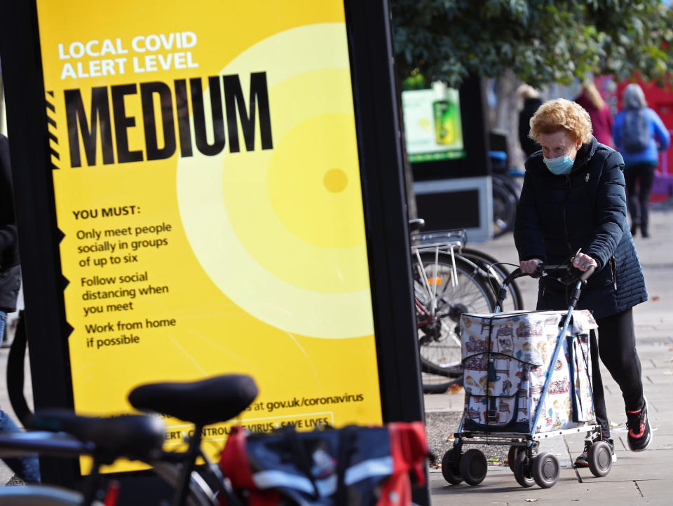 An NHS Covid alert level sign in Ealing, London, after Mayor of London Sadiq Khan has announced that London will be moved to Tier 2 coronavirus restrictions from midnight on Friday. (Photo by Yui Mok/PA Images via Getty Images)