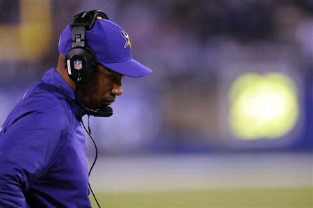 Oct 21, 2013; East Rutherford, NJ, USA; Minnesota Vikings head coach Leslie Frazier looks on during the final moments of his team's loss to the New York Giants during the fourth quarter at MetLife Stadium. Joe Camporeale-USA TODAY Sports