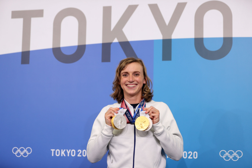 Katie Ledecky of Team USA poses with her medals.