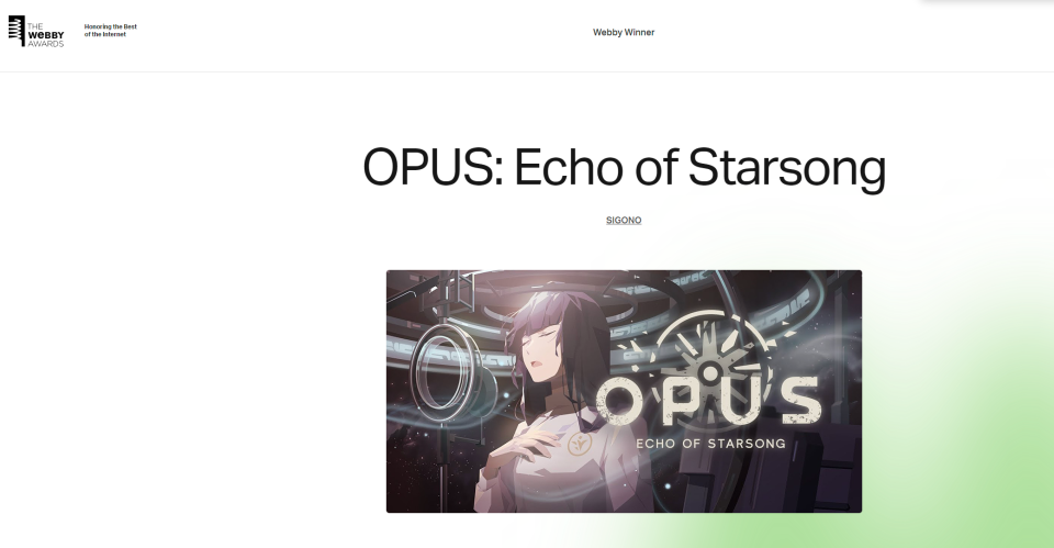 《OPUS：龍脈常歌》拿下了被譽為網路界奧斯卡的威比獎(Credit:Webby Awards)