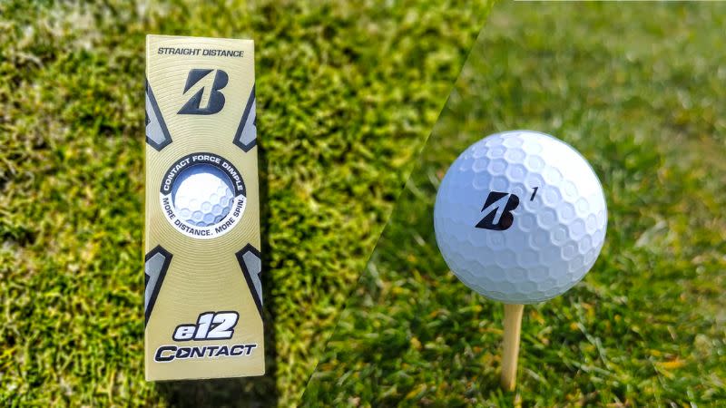 The mid-priced Bridgestone e12 Contact 2023 Golf Ball and its packaging, teed up on the golf course