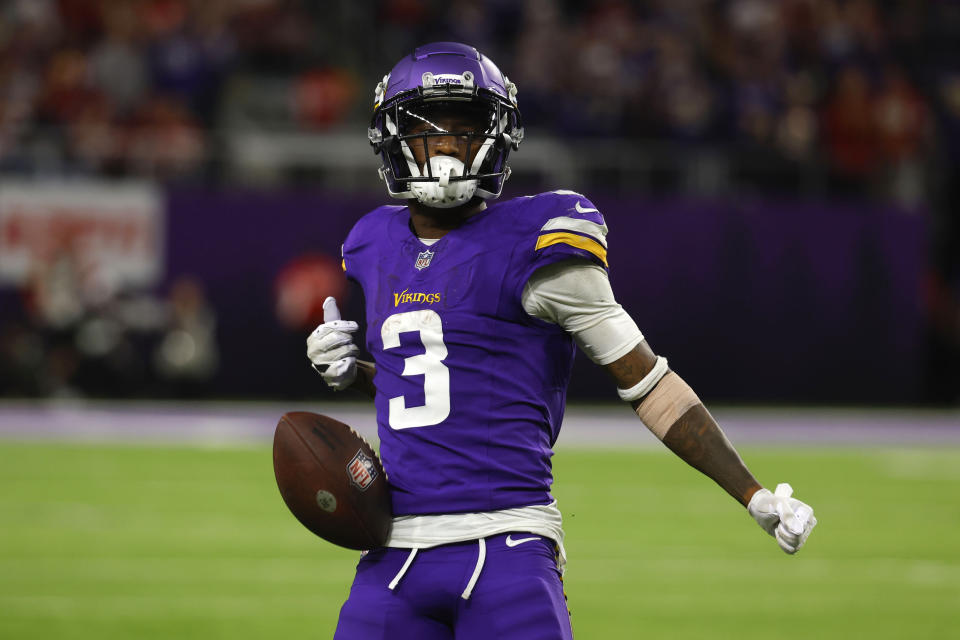 Minnesota Vikings wide receiver Jordan Addison (3) celebrates after catching a pass during the second half of an NFL football game against the San Francisco 49ers, Monday, Oct. 23, 2023, in Minneapolis. The Vikings won 22-17. (AP Photo/Bruce Kluckhohn)