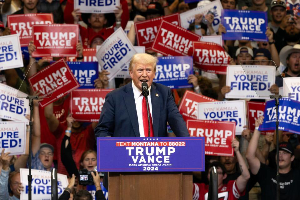 Republican presidential nominee former President Donald Trump speaks at a campaign rally in Bozeman, Mont., Friday, Aug. 9, 2024 (AP)