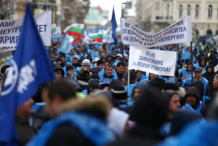 Workers at state coal mines and the largest coal-fired plant in Bulgaria take part in a demonstration in Sofia, Bulgaria, November 29, 2018. The banner reads: