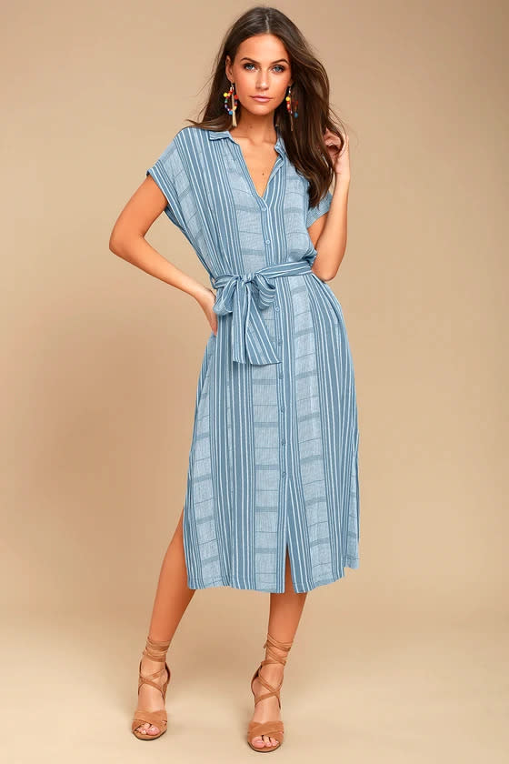 I'm the One Blue and White Striped Shirt Dress. Image via Lulus.