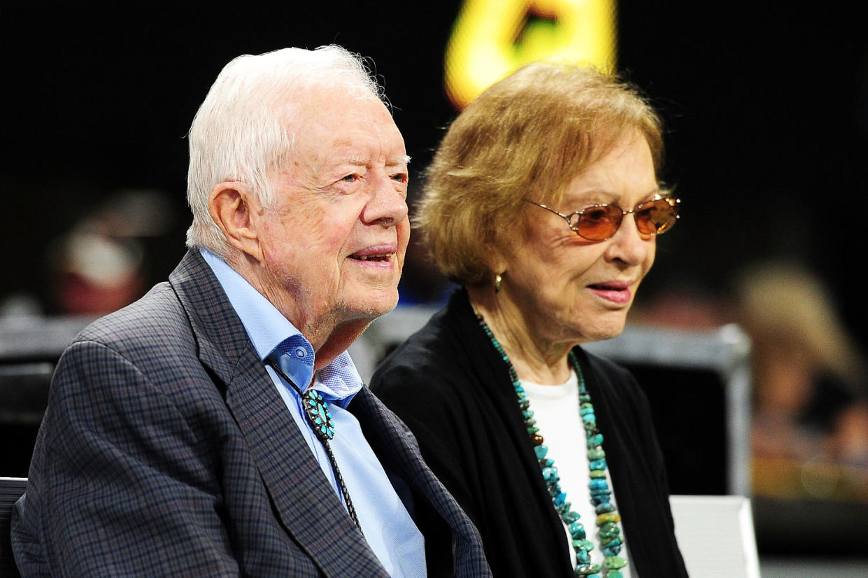 Jimmy Carter and wife Rosalynn at Atlanta Falcons game in 2018 (Scott Cunningham / Getty Images)