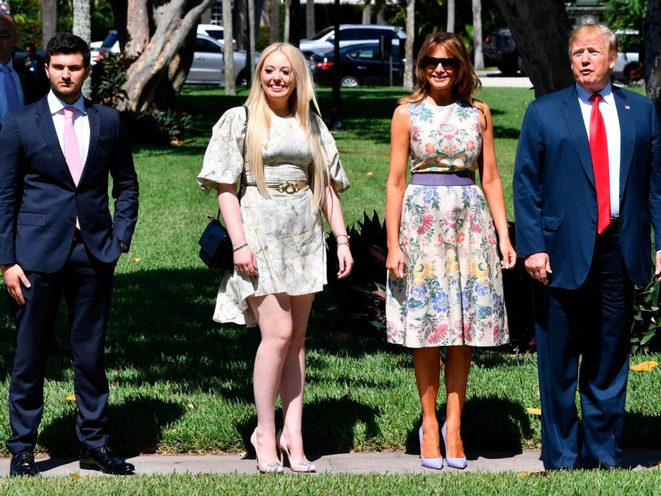 Former President Donald Trump, former First Lady Melania Trump, his daughter Tiffany Trump (2L), and Tiffany's fiancé Michael Boulos (L) arrive at the Bethesda-by-the-Sea church for Easter services in Palm Beach, Florida on April 21, 2019.