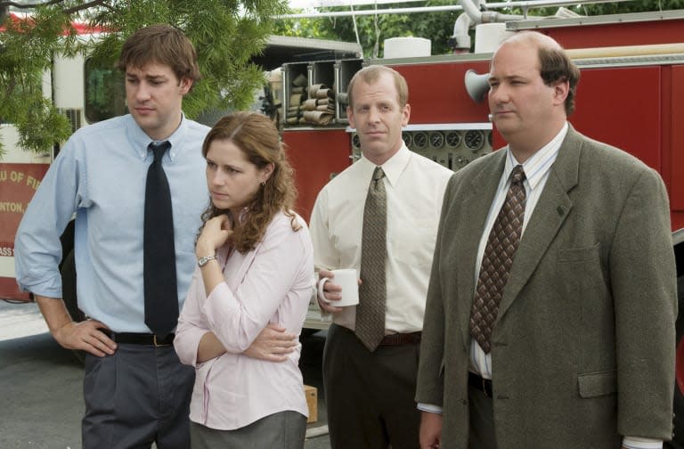 THE OFFICE -- "The Fire" Episode 4 -- Aired 10/11/2005 -- Pictured: (l-r) John Krasinski as Jim Halpert, Jenna Fischer as Pam Beesly, Paul Lieberstein as Toby Flenderson, and Brian Baumgartner as Kevin Malone -- Photo by: Paul Drinkwater/NBCU Photo Bank