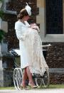 <p>Charlotte wore the traditional royal christening robe, previously worn by her brother George and later worn by her brother Louis and <a href="https://www.elle.com/uk/fashion/celebrity-style/a28316829/kate-middleton-tribute-princess-diana-archie-christening/" rel="nofollow noopener" target="_blank" data-ylk="slk:cousin Archie;elm:context_link;itc:0;sec:content-canvas" class="link ">cousin Archie</a> for the service at St Mary Magdalene Church in Sandringham.</p>