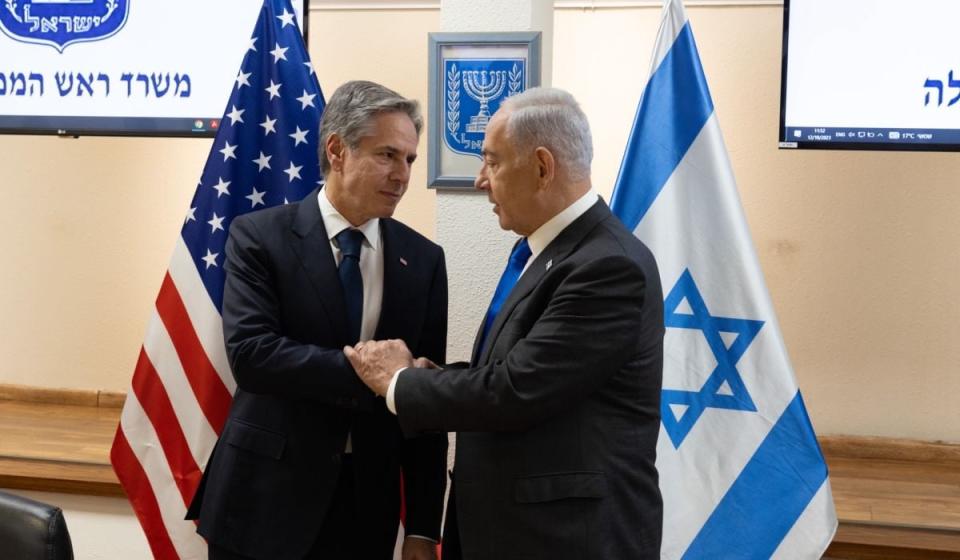 Conflicto entre Israel y Palestina: secretario de Estado de Estados Unidos, Antony Blinken, refuerza apoyo aprimer ministro israelí, Benjamin Netanyahu. Imagen: Twitter Antony Blinken.