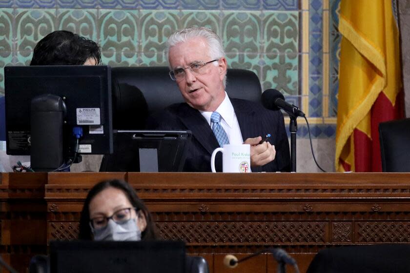 LOS ANGELES, CA - NOVEMBER 01: L.A. City Council President Paul Krekorian conducts the Los Angeles City Council meeting in the Council Chamber at Los Angeles City Hall on Tuesday, Nov. 1, 2022 in Los Angeles, CA. Los Angeles City Council returns to the chamber today as it continues to address the fallout from the City Hall racism scandal. Weeks after the release of the leaked recording from the October 2021 conversation that included racist comments and redistricting maneuvers, Councilmen Kevin de Leon and Gil Cedillo have defied widespread calls for resignation. (Gary Coronado / Los Angeles Times)