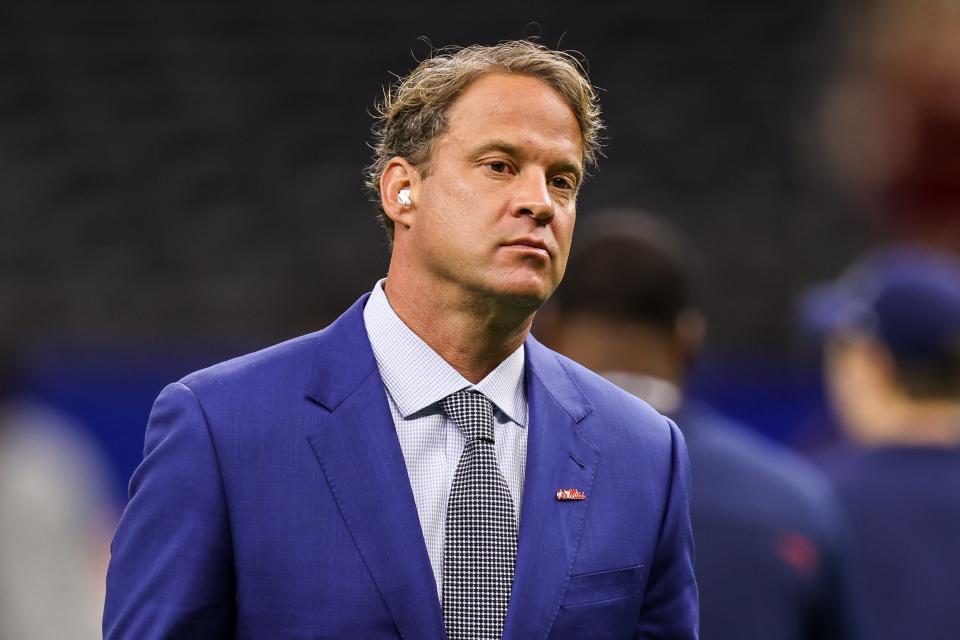 Jan 1, 2022; New Orleans, LA, USA;  Mississippi Rebels head coach Lane Kiffin walks back into the locker room before the 2022 Sugar Bowl against the Baylor Bears at Caesars Superdome. Mandatory Credit: Stephen Lew-USA TODAY Sports