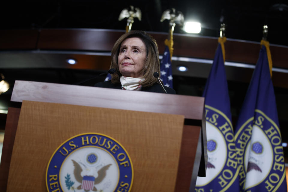 FILE - In this May 28, 2020, file photo House Speaker Nancy Pelosi of Calif., pauses as she speaks during a news conference on Capitol Hill in Washington. (AP Photo/Carolyn Kaster, File)