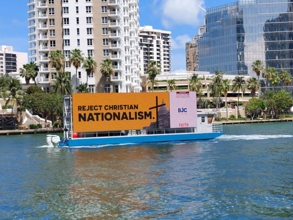 Faith leaders and clergy with a coalition of groups opposed to Christian nationalism launched a billboard campaign near Donald Trump’s Doral resort in Miami, which is hosting the ReAwaken America Tour. These images were provided to The Independent by Faithful America. (Faithful America)