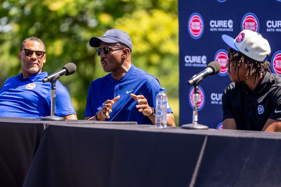 From left: Pistons general manager Troy Weaver, coach Dwane Casey and draft pick Jaden Ivey during the Pistons' news conference on Friday, June 24, 2022, at Rouge Park.