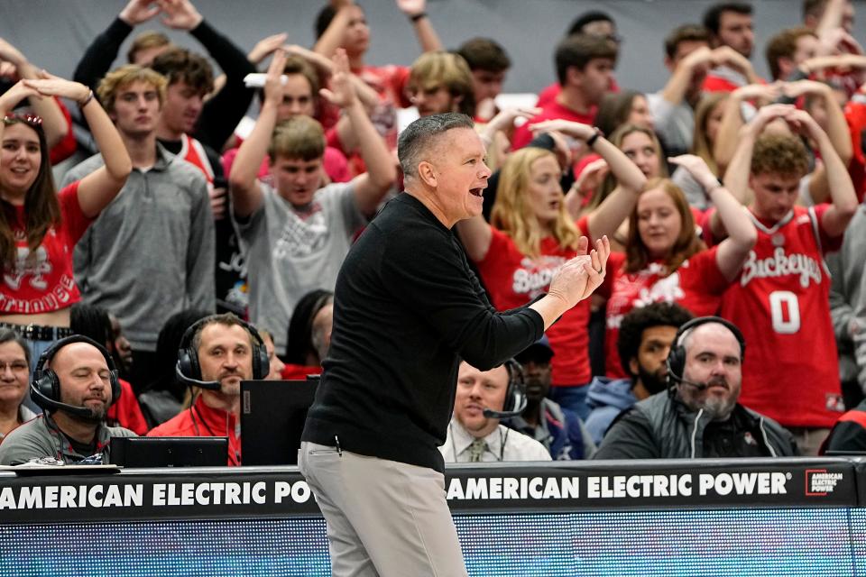 Nov 7, 2022; Columbus, Ohio, USA;  Ohio State Buckeyes head coach Chris Holtmann yells to his team during the second half of the NCAA men's basketball game against the Robert Morris Colonials at Value City Arena. Ohio State won 91-53. Mandatory Credit: Adam Cairns-The Columbus Dispatch