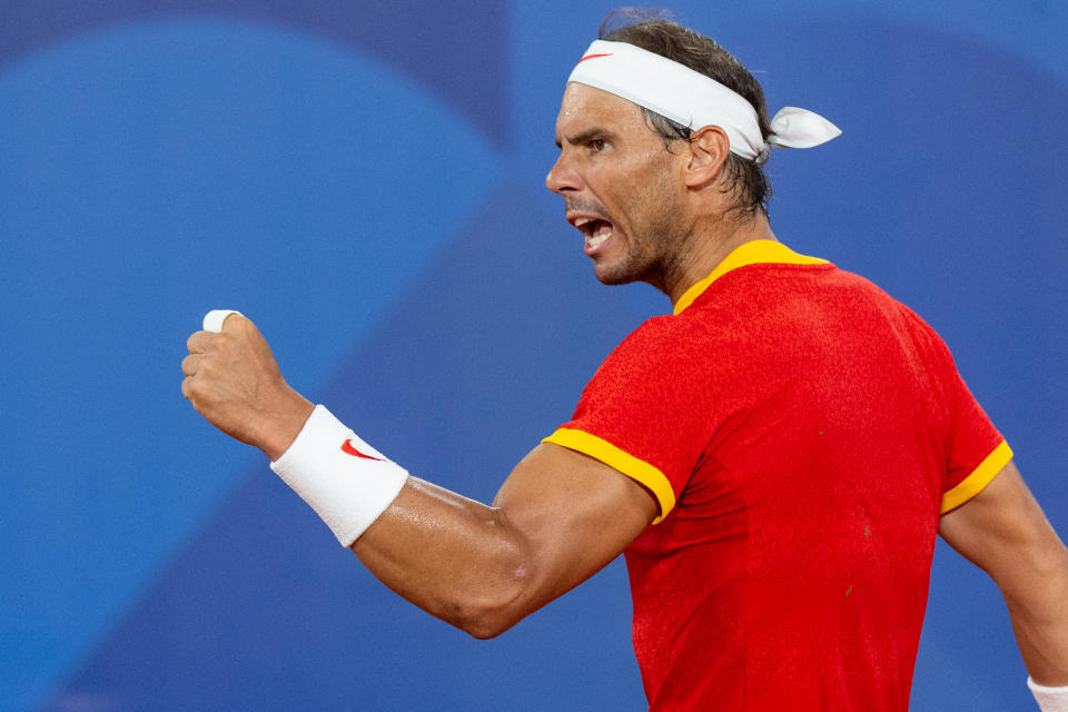 Rafael Nadal  of Spain in action during his match with Carlos Alcaraz of Spain against Austin Krajicek of USA and Rajeev Ram of USA during the men's doubles quarter-final tennis match on Court Philippe-Chatrier at the Roland-Garros Stadium during the Paris 2024 Olympic Games, in Paris on July 31, 2024. (Photo by Andrzej Iwanczuk/NurPhoto via Getty Images)