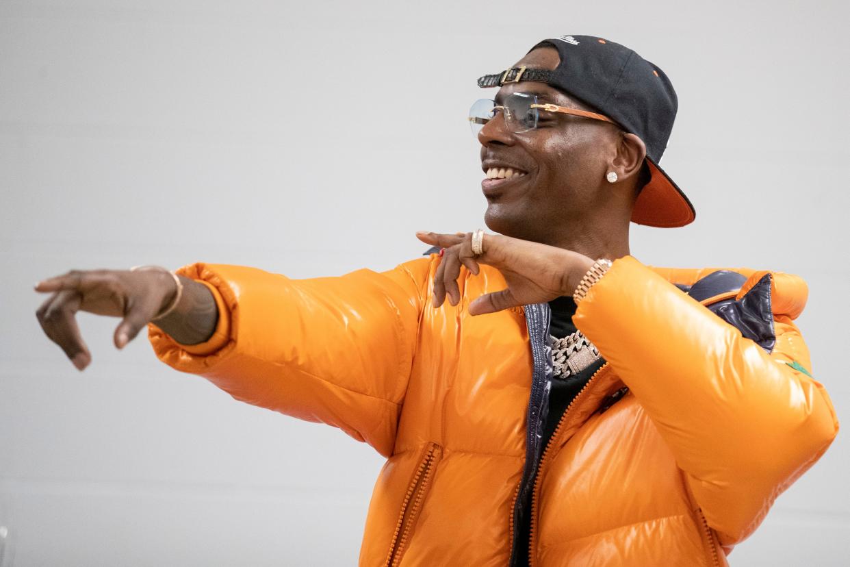 Young Dolph talks to a room of student athletes, faculty and alumni Tuesday, March 3, 2020, at Hamilton High School in Memphis. Young Dolph, an alum of Hamilton High School, made a donation of $25,000 to the school's athletic account. 