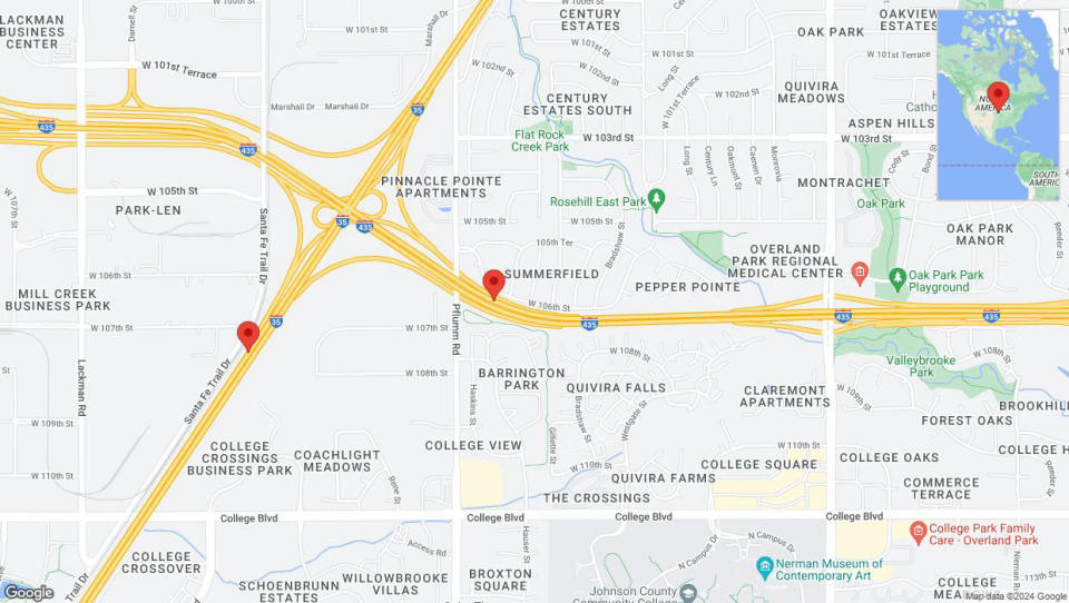 A detailed map that shows the affected road due to 'Drivers cautioned as heavy rain triggers traffic concerns in Lenexa' on May 19th at 10:47 p.m.