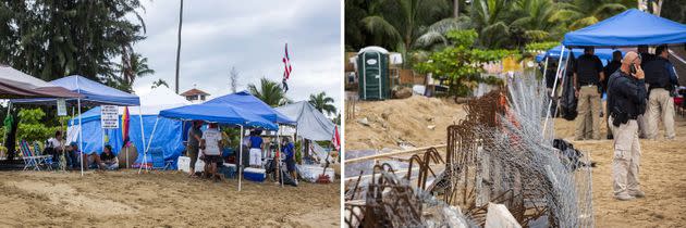 Left: The encampment in front of the Playa y Sol complex. Right: Police guard the construction site, staying overnight and at times with a heavy presence. (Photo: Erika P. Rodriguez for HuffPost)