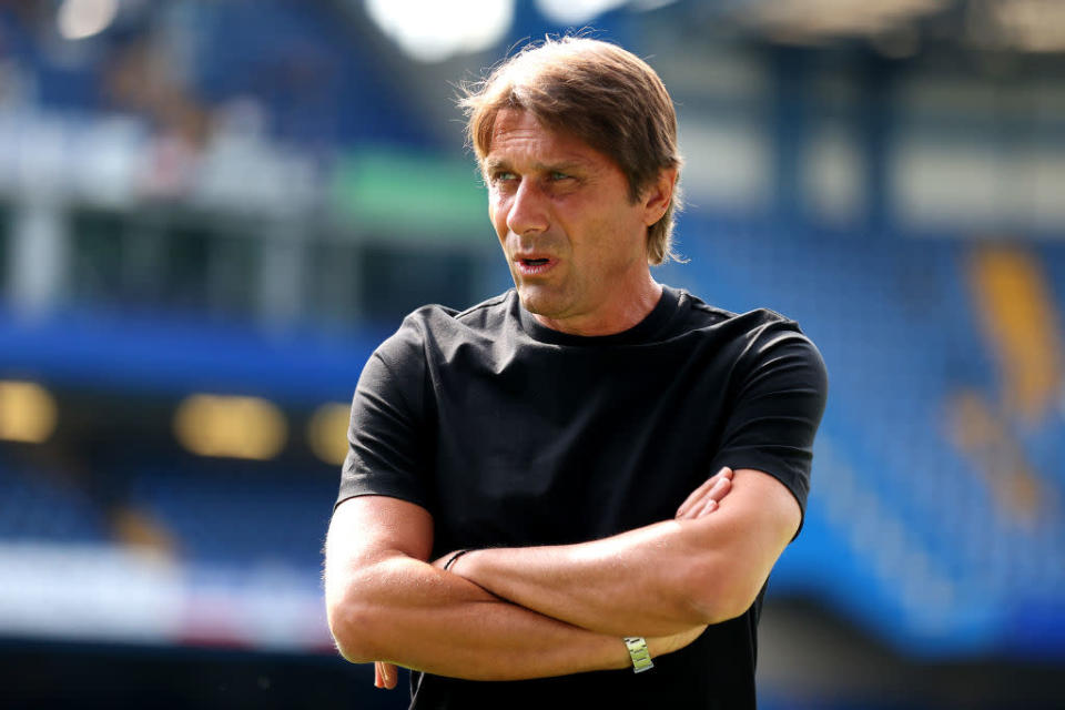  Tottenham Hotspur manager Antonio Conte looks on prior to the Premier League match between Chelsea FC and Tottenham Hotspur at Stamford Bridge on August 14, 2022 in London, England. 