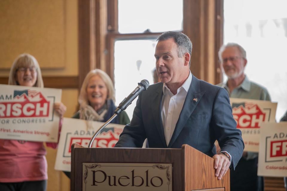Democrat Adam Frisch announces his 2024 campaign for the seat in Colorado’s 3rd District at the Pueblo Union Depot on Wednesday, Feb. 15, 2023.