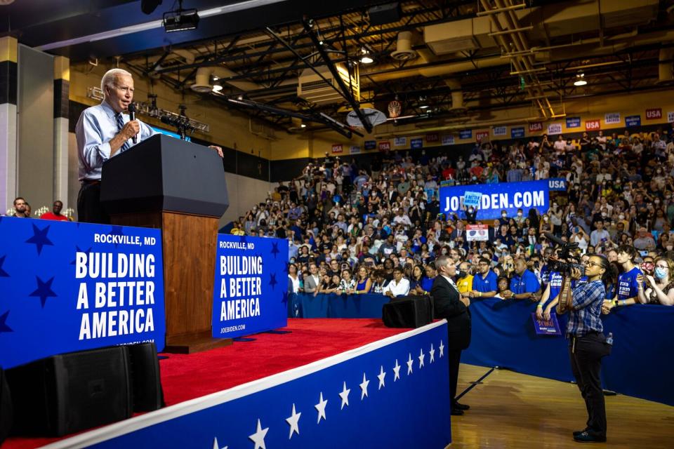 美國總統拜登（Joe Biden）在馬里蘭州造勢活動上演說。   圖：翻攝自推特（資料照）