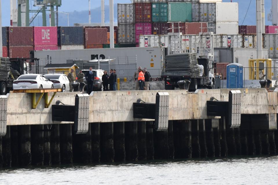 Governor Gavin Newsom inspects the location at the Port of Oakland, where the Grand Princess cruise ship carrying passengers who have tested positive for coronavirus is expected to dock, in Oakland, California, U.S. March 8, 2020.REUTERS/Kate Munsch