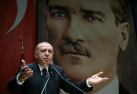 Turkish President Tayyip Erdogan speaks during a meeting in Ankara, Turkey March 30, 2018. Murat Cetinmuhurdar/Presidential Palace/Handout via REUTERS