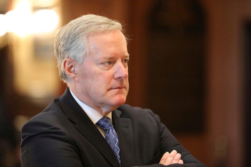 Former White House Chief of Staff Mark Meadows listens during an announcement of the creation of a new South Carolina Freedom Caucus based on a similar national group at a news conference on Wednesday, April 20, 2022 in Columbia, S.C. (AP Photo/Jeffrey Collins)