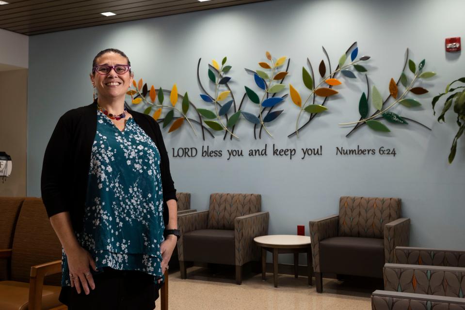 Therasa Yehling, the manager of STRIVE Trauma Recovery Center, poses for a portrait inside of the OSF Saint Anthony Medical Center on Wednesday, Nov. 8, 2023. STRIVE, a program which provides counseling free of charge to victims and witnesses of violent crime, has been promised funding but was turned away from the Winnebago County Board which had frozen its budget.