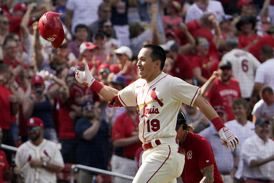 St. Louis Cardinals' Tommy Edman (19) celebrates after hitting a walk-off two-run home run during the ninth inning of a baseball game against the Cincinnati Reds Saturday, June 11, 2022, in St. Louis. The Cardinals won 5-4. (AP Photo/Jeff Roberson)