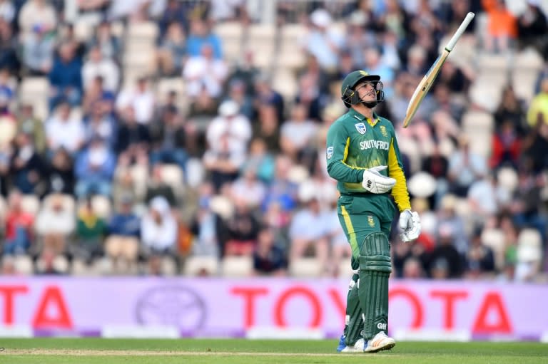 South Africa's Quinton de Kock walks off the field after being caught behind by England's Jos Buttler for 98 on May 27, 2017