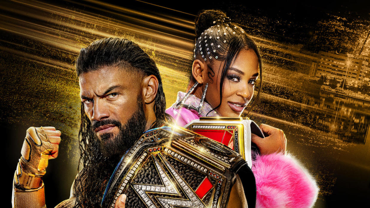  (L, R) Roman Reigns and Bianca Belair in the graphic for WWE Night of Champions 2023 live streams 