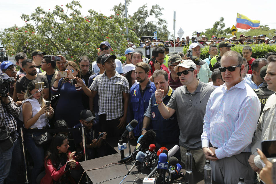 U.S. Senator Marco Rubio, R-Fla., speaks to the press near the Simon Bolivar International Bridge, which connects Colombia with Venezuela, in La Parada, near Cucuta, Colombia, Sunday, Feb. 17, 2019. As part of U.S. humanitarian aid to Venezuela, Rubio is visiting the area where the medical supplies, medicine and food aid is stored before it it expected to be taken across the border on Feb. 23. (AP Photo/Fernando Vergara)