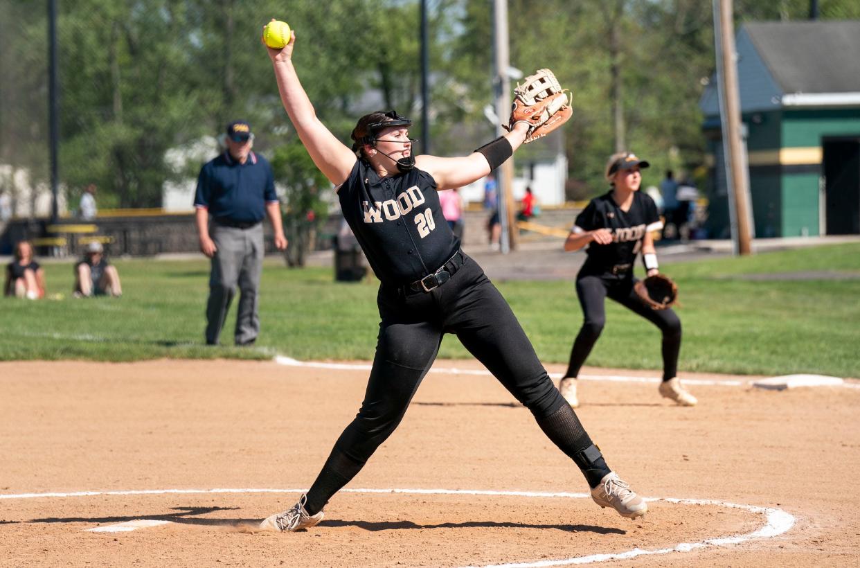 Archbishop Wood's Jackie Cobb (20) pitches against Lansdale Catholic during their softball game in Warminster on Thursday, May 2, 2024.