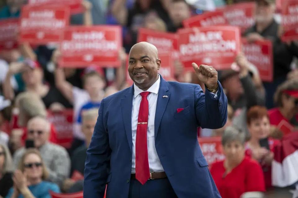 North Carolina Lt. Gov. Mark Robinson arrives for a rally where he announced his candidacy for governor, Saturday, April 22, 2023, at Ace Speedway in Elon, N.C. (Photo by Robert Willett/The News & Observer via AP)