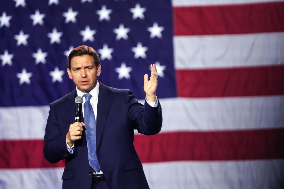 Florida Gov. Ron DeSantis in Des Moines, Iowa, on March 10, 2023. (Scott Olson / Getty Images file)