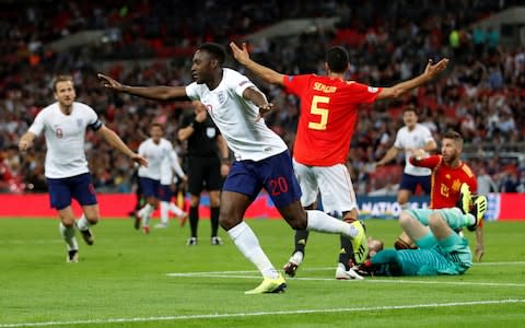 England's Danny Welbeck celebrates after scoring a goal which is subsequently disallowed  - Credit: Reuters