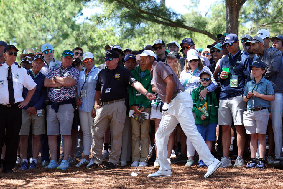 AUGUSTA, GA - APRIL 12: Tiger Woods of the United States hits a shot on the 9th hole during the second round of the 2024 Masters Tournament at Augusta National Golf Club on April 12, 2024 in Augusta, Georgia. .  (Photo by Andrew Reddington/Getty Images)