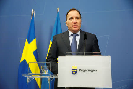 FILE PHOTO: Swedish Prime Minister Stefan Lofven speaks at a news conference at Rosenbad after a terror attack on Drottninggatan where several people were killed and injured after a truck crashed into a department store Ahlens, in central Stockholm, Sweden, April 7, 2017. Fredrik Sandberg/TT News Agency via REUTERS/File Photo