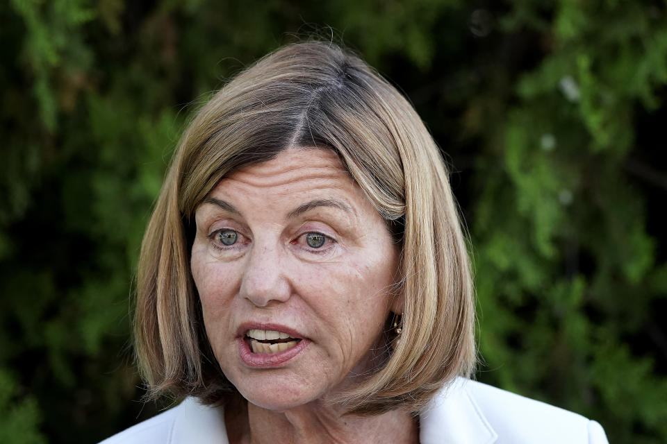 Democratic U.S. Senate candidate Trudy Busch Valentine talks to the media at the Governor's Ham Breakfast at the Missouri State Fair in Sedalia, Mo. Thursday, Aug. 18, 2022. (AP Photo/Charlie Riedel)