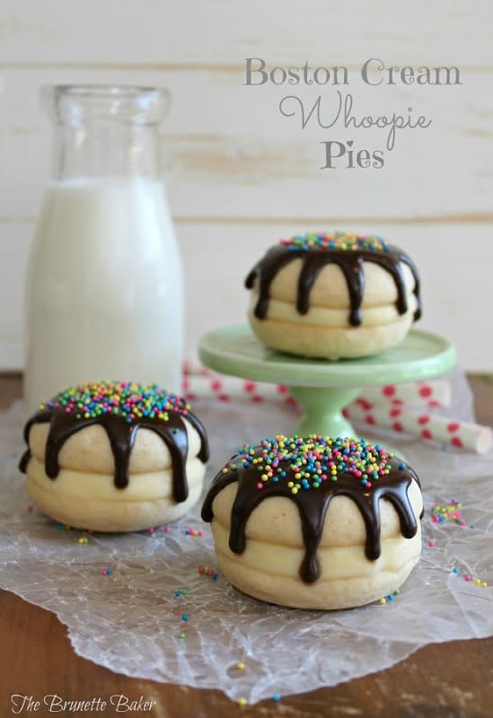 <p>The Brunette Baker</p><p><strong>Get the recipe: <a href="https://www.thebrunettebaker.com/2013/04/boston-cream-whoopie-pies.html" rel="nofollow noopener" target="_blank" data-ylk="slk:Boston Cream Whoopie Pies;elm:context_link;itc:0;sec:content-canvas" class="link rapid-noclick-resp">Boston Cream Whoopie Pies</a></strong></p>