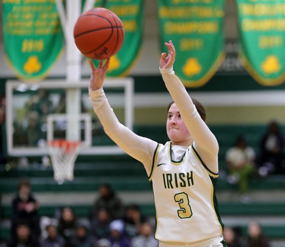 STVM point guard Kendal Batchik shoots a three during the first half of a high school basketball game against Brush, Wednesday, Jan. 31, 2024, in Akron, Ohio.