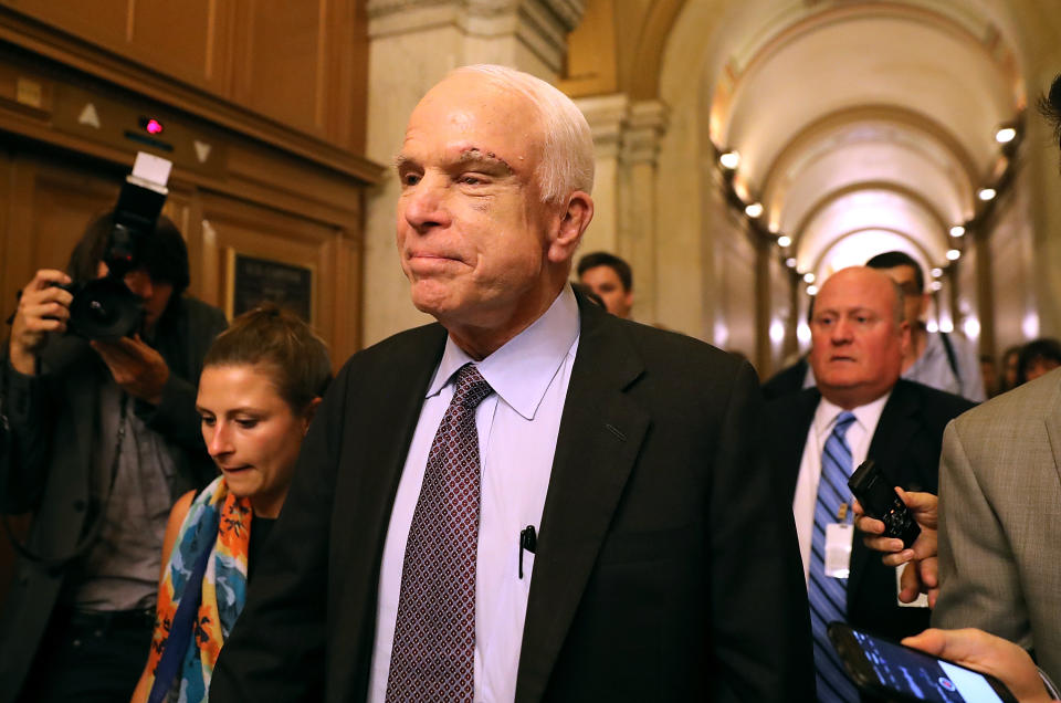 Sen. John McCain (R-AZ) leaves the the Senate chamber at the U.S. Capitol after voting on the GOP 'Skinny Repeal' health care bill on July 28, 2017 in Washington, DC. (Justin Sullivan/Getty Images)