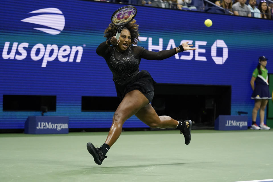 FILE - Serena Williams, of the United States, returns a shot to Ajla Tomljanovic, of Australia, during the third round of the U.S. Open tennis championships, Friday, Sept. 2, 2022, in New York. It could have been just one night, but Williams' exit from tennis turned into a boon for ESPN. Williams' third-round defeat at the hands of Ajla Tomljanovic had the largest audience of any tennis match in ESPN's 43-year history, beating the 3.9 million who watched the 2012 Wimbledon men's final between Roger Federer and Andy Murray. (AP Photo/Charles Krupa, File)