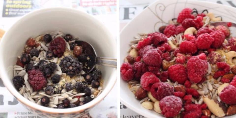 two breakfast bowls of assorted berries, nuts, and seeds with soy milk